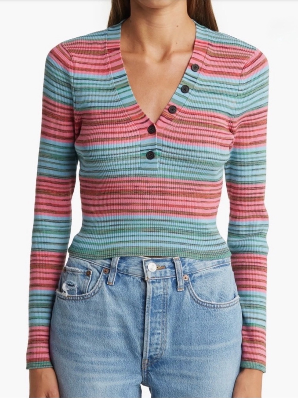 10 Crosby Derek Lam Milana Multicolored Space Dye Crop Henley - XS